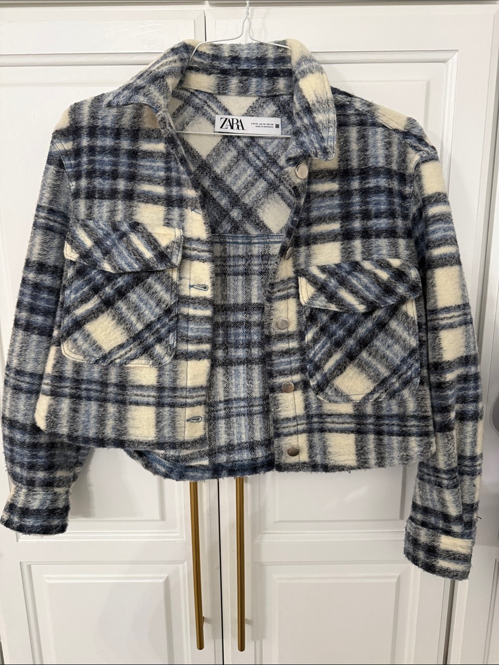 Zara Cropped Plaid Jacket in Blue & Cream